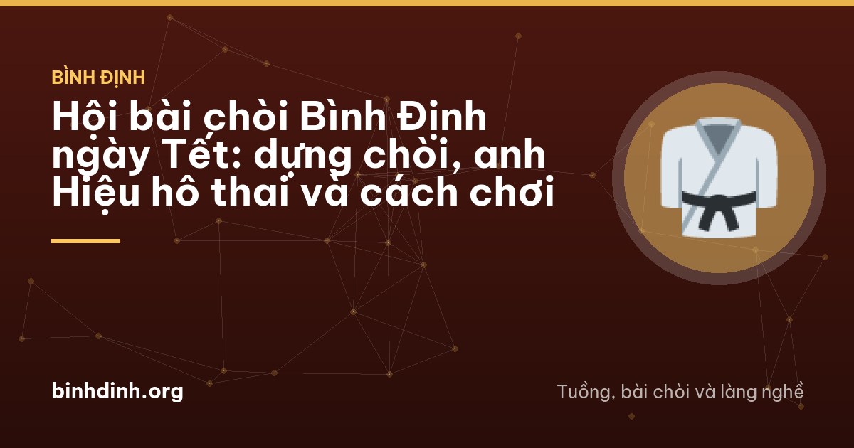 Row of small bamboo huts with thatched roofs around a village field during Tet in Binh Dinh, a performer in traditional tunic singing in the middle, people watching from inside the huts